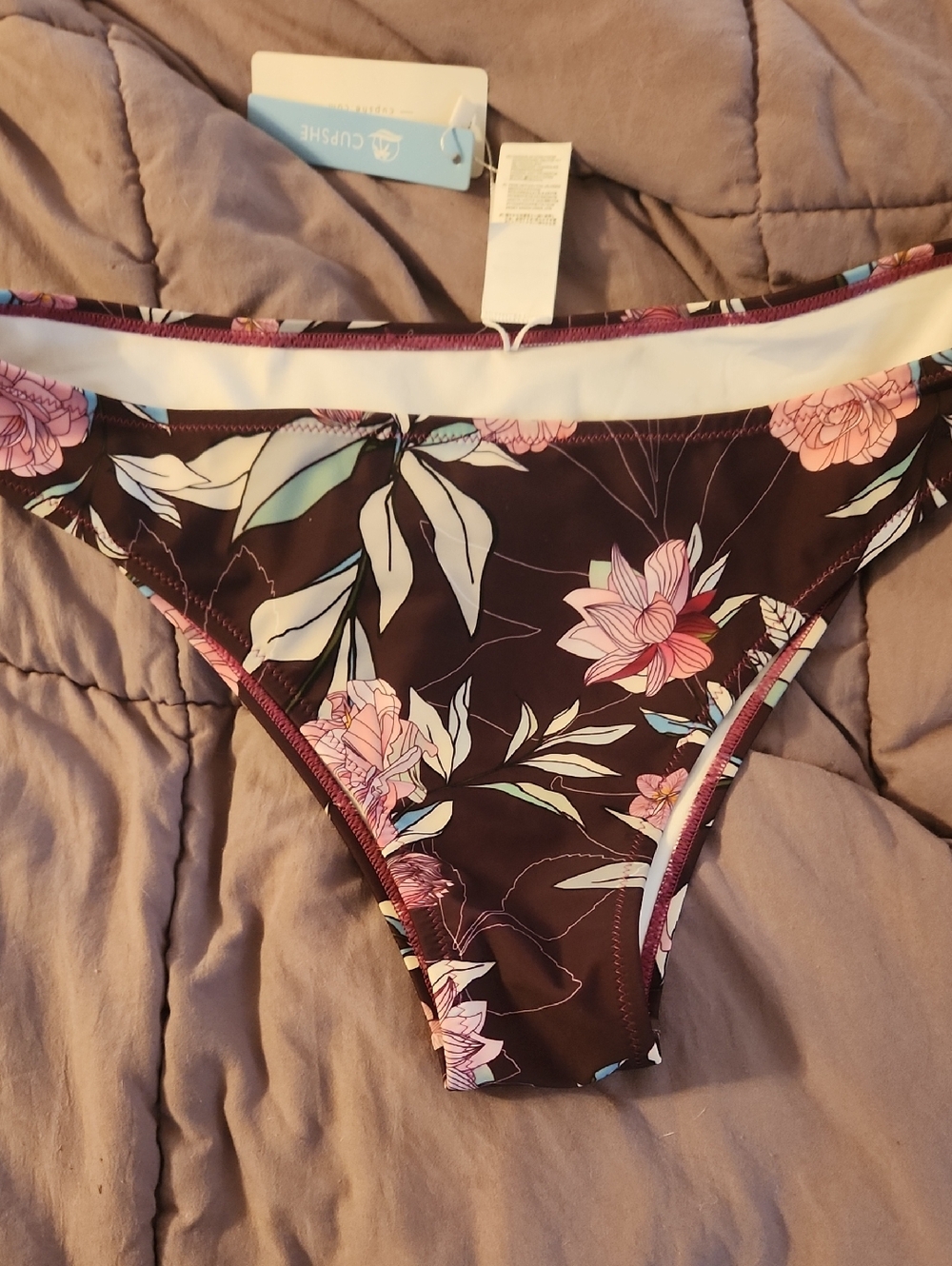 Cupshe Xl  White-Lined Floral Bikini Bottom with Brown Trim Nwt